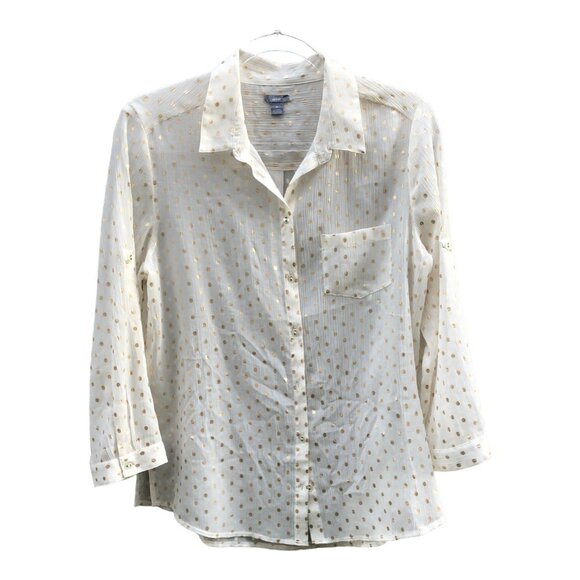 aerie Sheer Gold Polka Dot Long Sleeve Blouse Button Down Medium - Picture 2 of 7